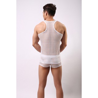 Top Boxers Set Sexy Tank Top Men Underwear Mesh Net Undershirts Vest Sleepwear (2)
