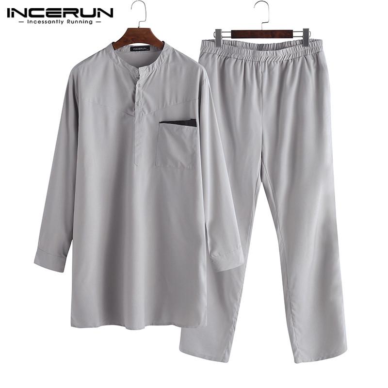 INCERUN Men Middle East Muslim Robe Suit and Pants Kaftan Set (1)