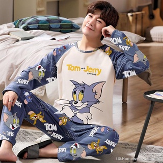 Cartoon men's pajamas Pure cotton pajamas male spring and autumn cartoon teenager students loose long-sleeved casual cotton thin home service suit