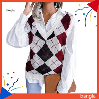 Bangla* Lady Knitted Sweater V Neck Plaid Sweater Vest Knitted Streetwear