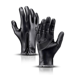 Gloves, men's and women's fleece-lined warm outdoor sports winter cycling zipper waterproof windproof PU leather touch screen gloves