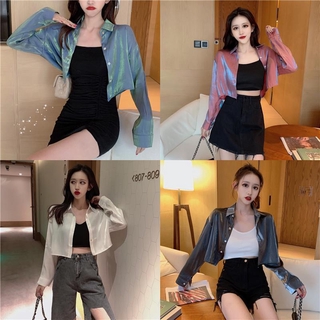 Vintage Casual Women Crop Top Long Sleeve Polo Collar Korean Crop Top Loose Slim Sexy Short Fashion Tops (1)