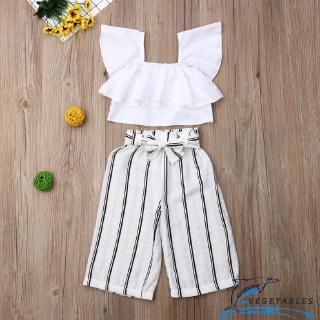 VD ❀Toddler Baby Girl Clothes Fly Sleeve Ruffle Crop Tops Striped Long Pants 2Pcs Casual Clothes
