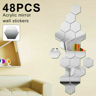 48PCS Modern Creative 3D Silver Mirror Geometric Hexagon Acrylic Wall Small Medium 1EM9