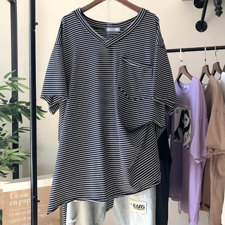 【40-150kg/Actual Photo】Women's Casual Striped Tummy Hide Tops Fashion Plus Size T-shirt Big Loose Classic Stripes Top Fashion Oversized V-Neck Short Sleeves Tee Large Size T-shirt With Pocket Maternity Pregnancy Tops Big Size Pajamas Nightwear
