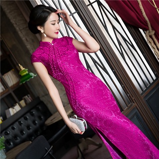 [Traditional Fashion]Novelty Fashion Red Women'S Long Cheongsam Top Selling Chinese Female Lace Qipa