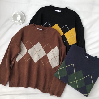 Knitted Sweater Women Argyle Oversize Sweaters Korean Pullovers Ladies Winter Loose Sweaters Female