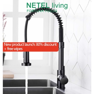 [NETEL &Ready stock] Stainless Steel 304 Kitchen Sink Faucet Lead Free Solid Brass Kitchen Faucets with Pull Down Sprayer, Commercial Spring High Arc Kitchen Faucet, Matte Black Single Lever Handle Kitchen Sink Faucet, Black Silver