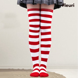 [Home & Living] Striped Socks Comfortable Thigh High Socks for Costume Party Green White