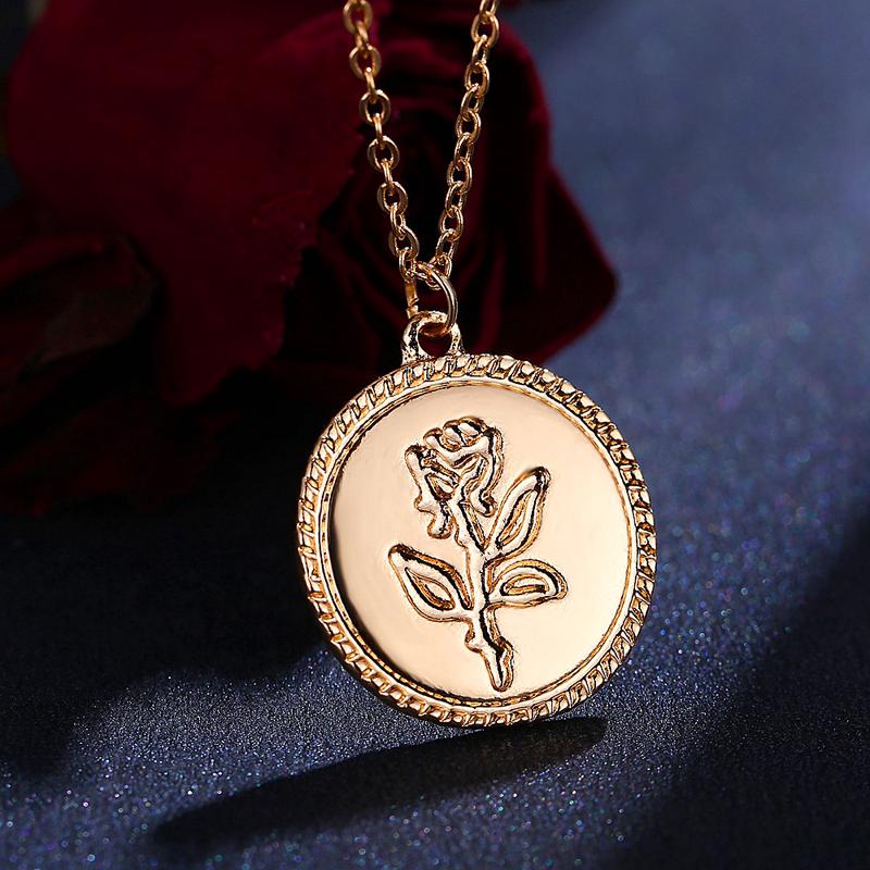 Charm Rose Flower Pendant Necklace Coin Statement Jewelry (3)