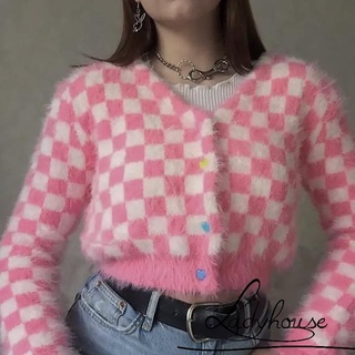 LD-Women Knit Crop Tops, Fuzzy Long Sleeve V Neck Checkerboard Print Button Down T-Shirts
