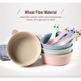 Kids Cute Panda Shaped Solid Color Wheat Straw Rice Bowl Spoon Set Baby Heat Insulation Dinnerware Sets Anti-Scalding Soup Bowl