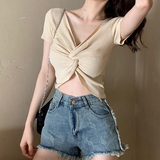 [COD & Ready Stock]Korean knitted tops short sleeve crop top for women