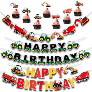 Construction Car Theme Balloons Cake Topper Pull Flag Car Truck Excavator Forklift Party Decoration Happy Birthday Banner