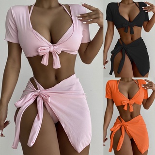 Pink Pure Color Straps Bandage Women 4pcs Bikini Sets Short Sleeve Four Pieces Bikinis for Ladies ZJ100