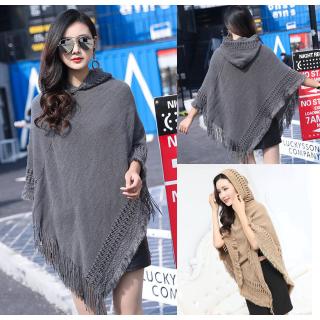Fashion Women Hooded Loose Cloak Tassels Shawl Irregular Neckline Cape Solid Color