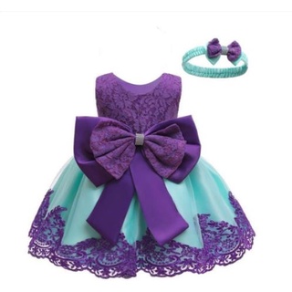 Baby Kids Purple Gown Dress Set Headband Bow Birthday Big Ribbon Photoshoot Wedding Violet Girls New