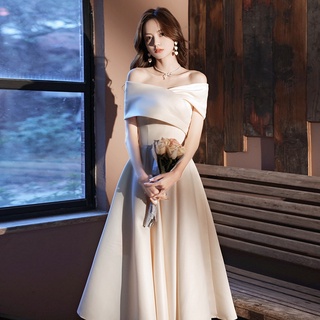 French evening dress new style 2021 spring and summer shoulder simple and generous temperament party dress