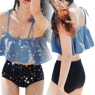 COD Hot sale [WOS] HazeShop Korean Inspired Swimwear ~ Blue Ribbon Tie Two Piece Swimsuit Bikini Sum