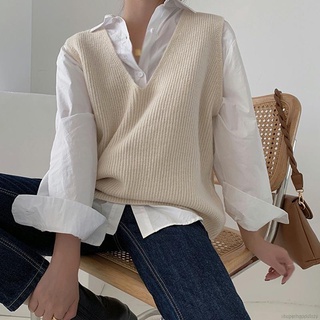 Women Knitted Vest Outerwear Loose Korean Style Solid Color V-neck Sweater Vests