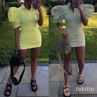 HIK Women Puff Short Sleeve Bodycon Mini Dress Sexy Lapel V-Neck Solid Color Pleated Ruched High Waist Slim Party Clubwear