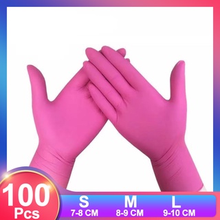 [READY STOCK] 100pcs Disposable Nitrile Gloves Latex Rubber Gloves S/M/L Kitchen Household Vinyl Latex Food 100 pcs Pink