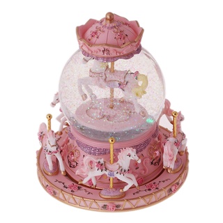 [Hot Sale] Carousel Horse Music Box Snow Globes Color Change LED Light Luminous Unicorn Music Boxes Best Birthday Gift for Kids Girls Pink (1)