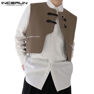 INCERUN Men's Fashion Sleeveless Solid Color Leather Buckle Crop Waistcoats (1)