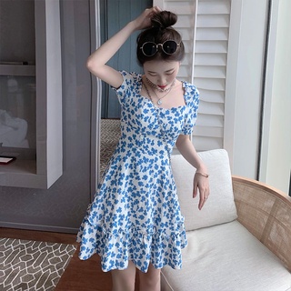 Small blue floral skirt female summer first love tea break dress ruffled square collar sweet French