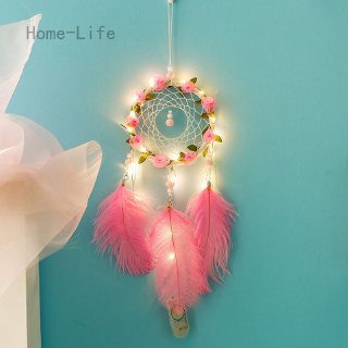 Home-Life Pink Handmade Feathers Dream Catcher Night Light Car Wall Hanging Wind Chimes