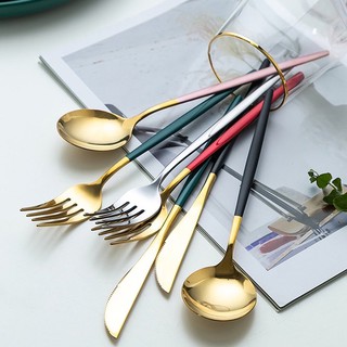 4PCS /set of stainless steel red, green and gold cutlery knife, fork, spoon, dessert spoon (4)