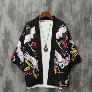 Casual Kimono Haori For Men Japanese Fashion Male Kimonos Samurai Crane Printed Shirt Men's Plus Size Clothes