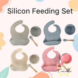 TwinklePH 3pcs/set silicone feeding set - Silicone Bib / Baby Bowl / Baby Spoon Set Food Grade BPA