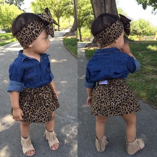 3PC Baby Girls Denim T-Shirt+Leopard Skirt+Headband Set (2)