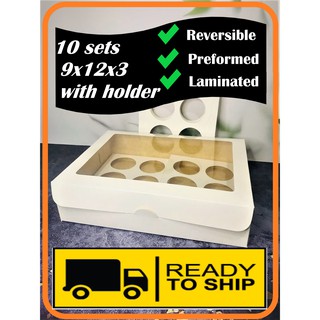 10pcs 9x12x3 Cupcake Box with Holder | With Window | Preformed | Reversible White/Kraft