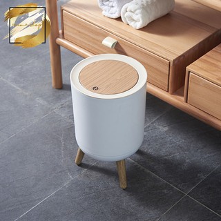 ✗♗○Nordic Minimalist White & Wood Large Capacity Living Room Bedroom Press Aesthetic Trash Can