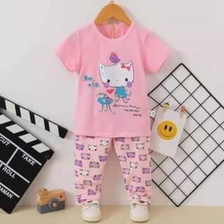 Baby Kids Hellokitty Cotton Terno T Shirt+Pajama For Girls SleepWear Set Cloting
