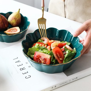 Nordic Light Luxury Emerald Gold Line Edge Ceramic Bowl Fruit Salad Bowl Breakfast Dessert Bowl Meal