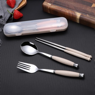 Portable Travel Stainless Steel Spoon And Fork Chopsticks Wheat Straw Handle Tableware Set School Office Restaurant (1)