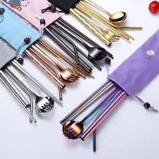 8pcs Set Metal Printing Straws Chopsticks Fork Spoon 304 Food Stainless Steel Reusable Straw