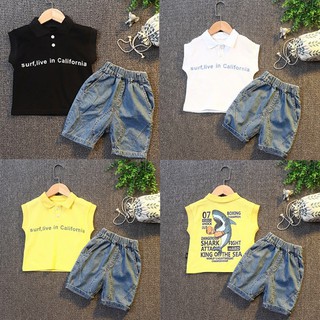 [SKIC]Summer Baby Boys Sleeveless Letters Pattern Vest Tops+Denim Shorts Casual Child Clothes Set