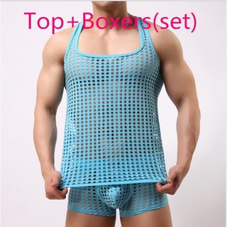 Top Boxers Set Sexy Tank Top Men Underwear Mesh Net Undershirts Vest Sleepwear (1)