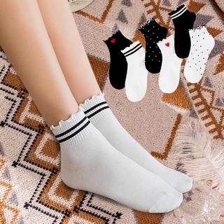 Women Ruffle Socks Striped Heart Printed Cotton Solid Color Lace Frilly Cute Dots Kawaii Lolita Harajuku Sweet Girls Black Sock