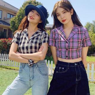 Korean college style lapel collar plaid casual short-sleeved crop tops