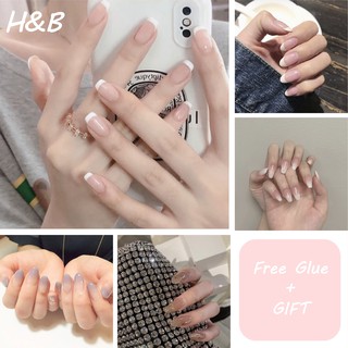 【With Glue】24 Pcs/Set French Skin Tone White Edge Fake Nails Nail Art Wearable Fake Nails Acrylic Fake Nails