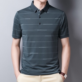 Short-Sleeved T-shirt Male Ice Silk Lapel Polo Shirt Striped Polo Shirt Thin T-shirt Business POLO Men's Clothing