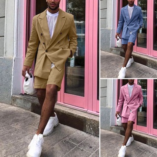 MR Men Japanese Style Fashion Design Long Sleeve Blazer+Shorts Solid Color Casual Set