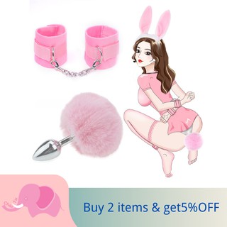 Silicone Anall Tail Fluffy Hand cuffs Pink Rabbit Ear Bunny Girl Cosplay Sex Butt Plug Tails BDSM (1)