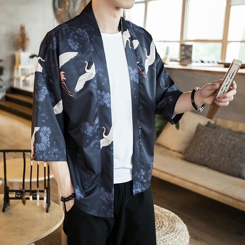 Men Crane Printed Cardigan Outwear Half Sleeve Japan Kimono Shirts (1)