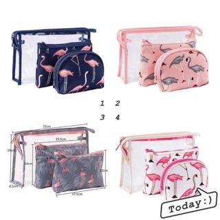 LUCKY SHOP Flamingo Design Transparent 3 in 1 Cosmetic Pouch